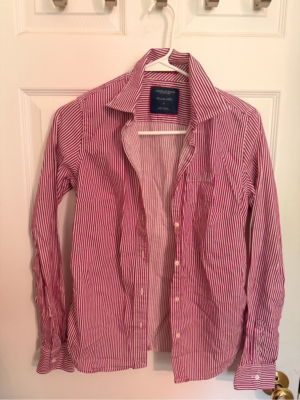 American Eagle Outfitters Red & White Narrow-Striped Button-Down Shirt